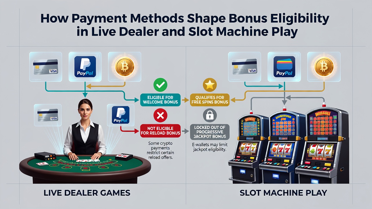 Comparison chart of slot and live dealer bonus eligibility broken down by payment type including cards, wallets and digital currencies